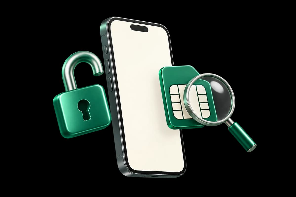 Unlocked phone, eSIM chip and magnifying glass illustrating compatibility checks
