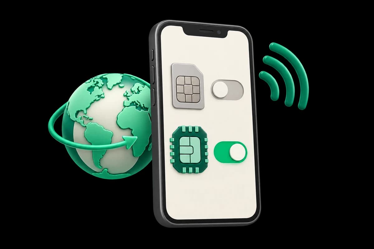 Phone with a muted home SIM and enabled travel eSIM beside a globe