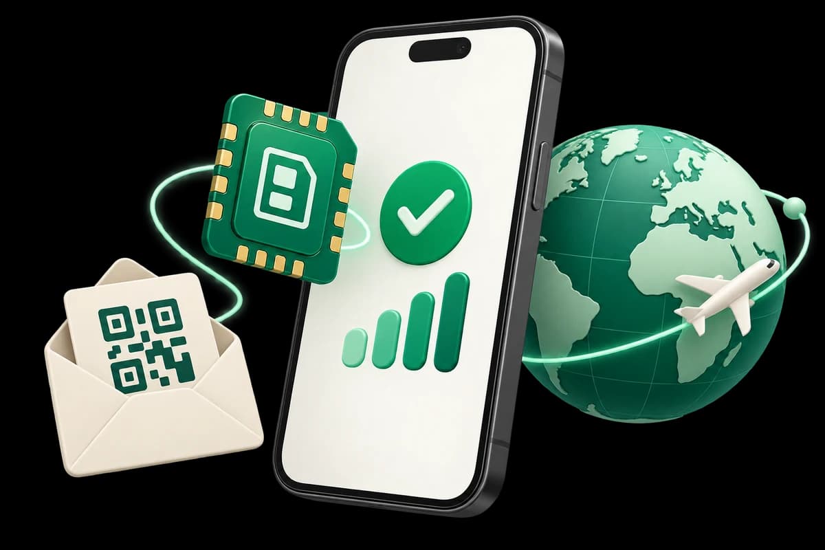 Phone, email QR and globe illustrating digital eSIM installation and travel connectivity