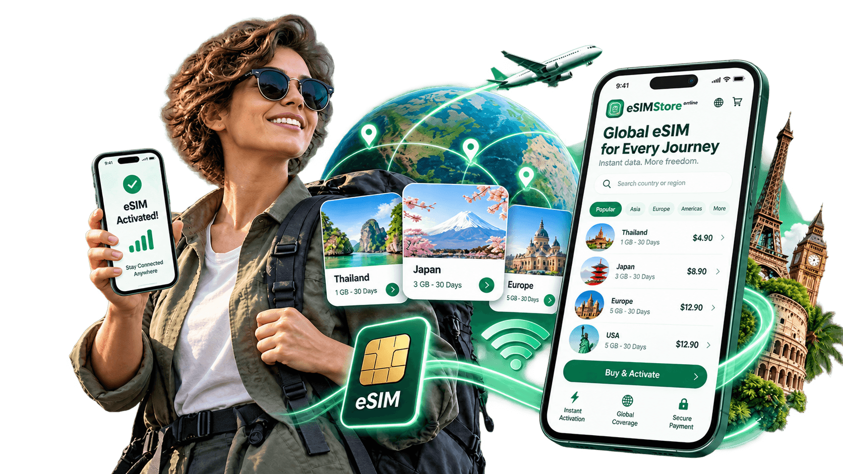 Smartphone and globe illustration for travel eSIM connectivity